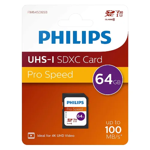 Philips Pro Speed UHS-I SDXC memory card, 64 GB, up to 100 MB/s, ideal for 4K UHD video.