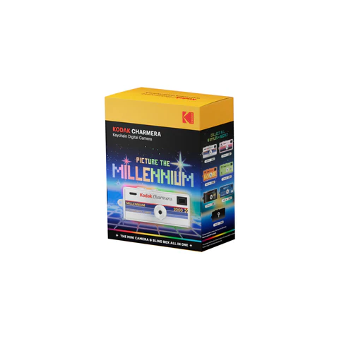 Kodak Charmera box packaging for a digital camera, featuring the slogan 'Picture the Millennium' with a retro computer graphic.