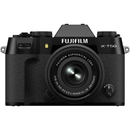 Front view of a black Fujifilm X-T50 mirrorless camera with a lens attached.