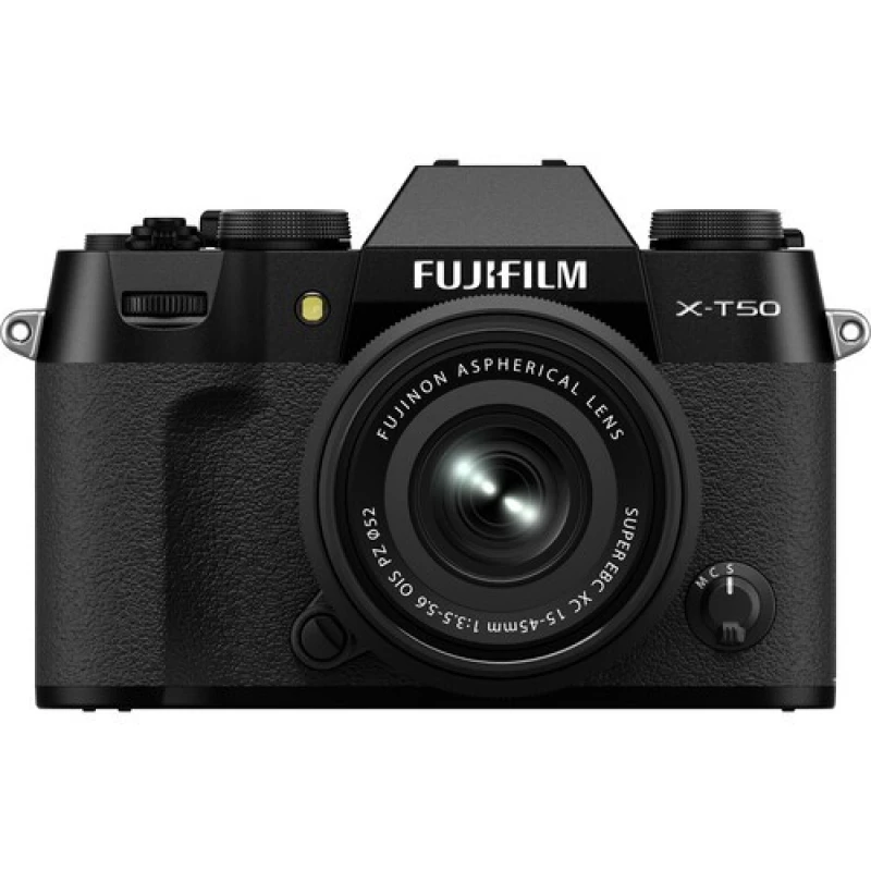 Fujifilm_X_T50_Mirrorless_Camera_with_XC_15_45mm-800x800 | Kounio.gr Front view of a black Fujifilm X-T50 mirrorless camera with a lens attached.