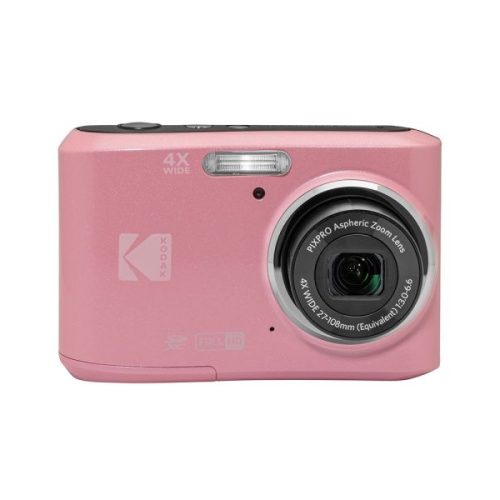 Pink Kodak compact camera with a silver ring lens and built-in flash on the front.
