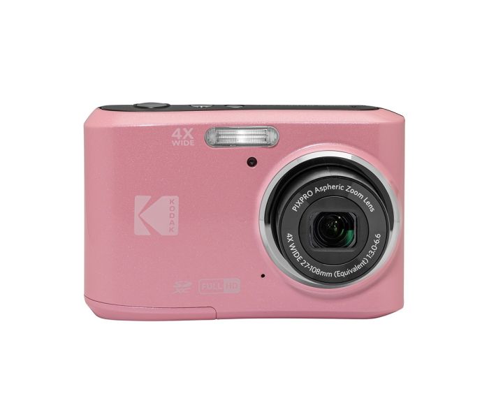 fz45pink_-_front | Kounio.gr Pink Kodak compact camera with a silver ring lens and built-in flash on the front.