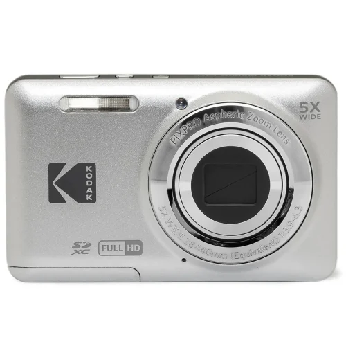 Silver Kodak compact digital camera shown from the front with a prominent lens and brand logo visible, flash at the top left and '5X WIDE' marking on the lens ring.