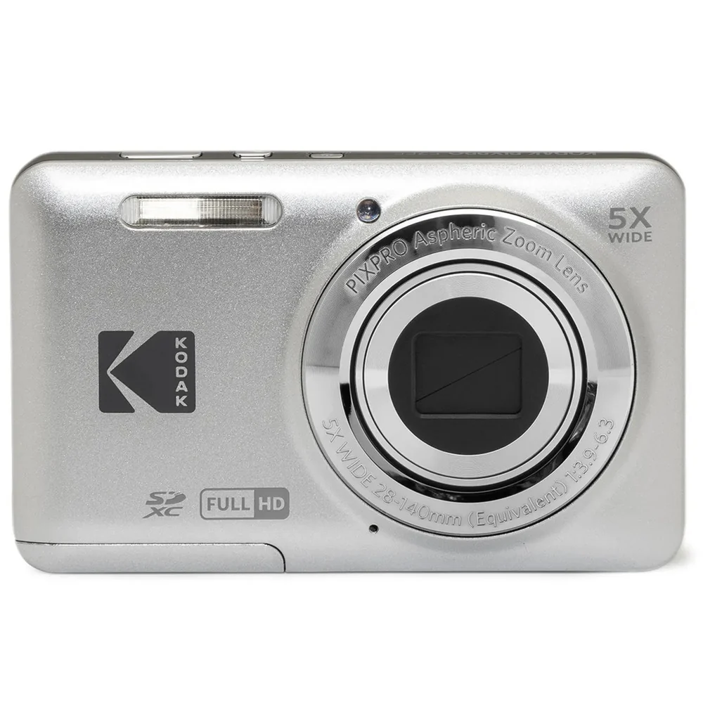 kodak-pixpro-fz55-silver_ikkfz55sl_1 | Kounio.gr Silver Kodak compact digital camera shown from the front with a prominent lens and brand logo visible, flash at the top left and '5X WIDE' marking on the lens ring.