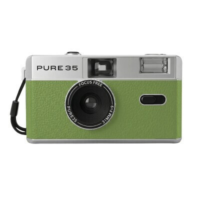 Green and silver compact 35mm camera with a green textured body, lens in front, and a detachable strap visible on the side.