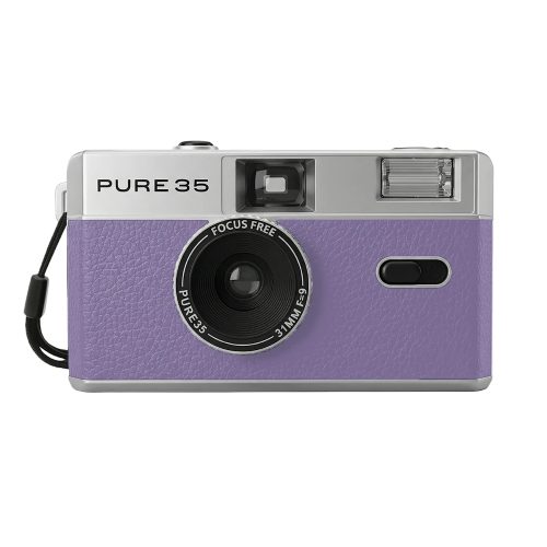 Front view of a retro-style compact camera with a purple leatherette body and silver top, labeled PURE35 with a 31mm lens.