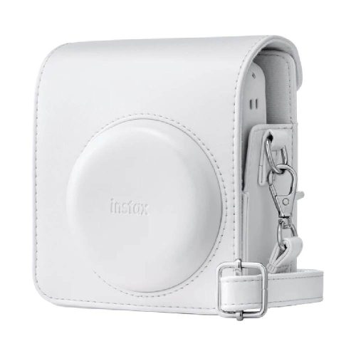 White leather Instax camera case with a large circular front panel and a detachable strap, designed to protect a mini instant camera