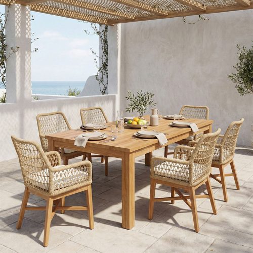 Τραπεζαρία 7τεμ Elaiza-Wooly pakoworld teak ξύλο σε φυσική-μπεζ απόχρωση 220x90x75εκ