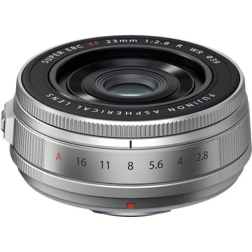 Silver Fujifilm XF 23mm f/2.8 lens with aperture ring and red alignment mark