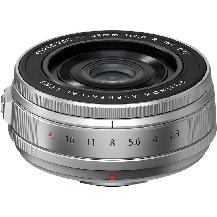 Silver Fujifilm XF 23mm f/2.8 lens with aperture ring and red alignment mark