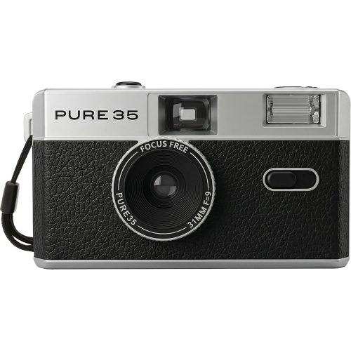 Close-up of a retro film camera front with a black textured body, silver top, and the brand name 'PURE 35' above the lens surface.
