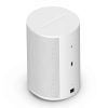 White cylindrical smart speaker with a perforated mesh body, top control panel, and a USB port on the side.