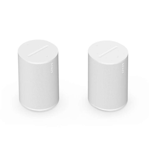 Pair of white Sonos speakers standing side by side on a white background.