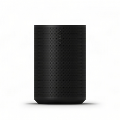Black Sonos wireless speaker facing forward with a perforated grille and subtle shadow beneath.Grade