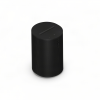 Black cylindrical Sonos wireless speaker on a white background.