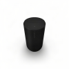 Black Sonos cylindrical speaker seen from above, with top controls and logo visible on mesh body