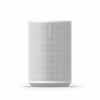 White Sonos smart speaker with a perforated metal grille and subtle shadow on a white background, viewed from the front-left edge