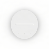 White circular media control dial with a horizontal central slot and small back, pause, and forward icons along the bottom.