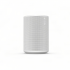 White cylindrical smart speaker with a perforated grille on a light background.