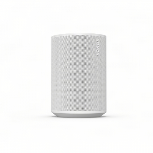 White cylindrical smart speaker with a perforated grille on a light background.
