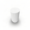 White cylindrical Sonos smart speaker viewed from above, showing the top control bar and perforated grille with the Sonos logo on the side.