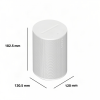 Cylindrical Sonos speaker with perforated grille; 182.5 mm tall, base 130.5 × 120 mm.