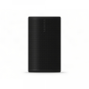 Black Sonos wireless speaker with a perforated grille and vertical SONOS branding on a white background.
