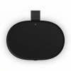 Top-down view of a black oval speaker with control buttons (minus, play/pause, plus), a small LED indicator, and a top clip.