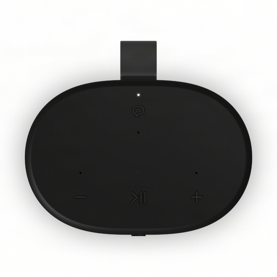 37128_11-900x900 | Kounio.gr Top-down view of a black oval speaker with control buttons (minus, play/pause, plus), a small LED indicator, and a top clip.