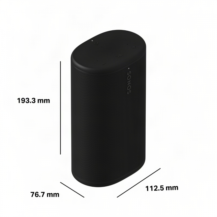 37128_14-900x900 | Kounio.gr Black Sonos portable speaker in an isometric view with labeled dimensions: height 193.3 mm, width 76.7 mm, depth 112.5 mm.