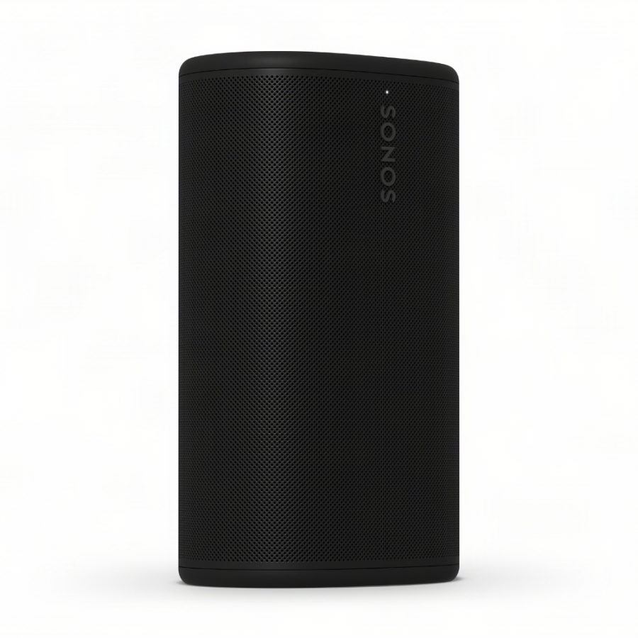 37128_2-900x900 | Kounio.gr Black cylindrical wireless speaker with a perforated grille and the brand name on the side.