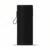 Tall black portable Bluetooth speaker with a perforated front grille and a hanging loop on the left side.