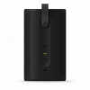 Back view of a tall black speaker with a central mounting bracket, side vent grills, USB-C port, green LED indicator, power button, and a lower USB-C/port area.