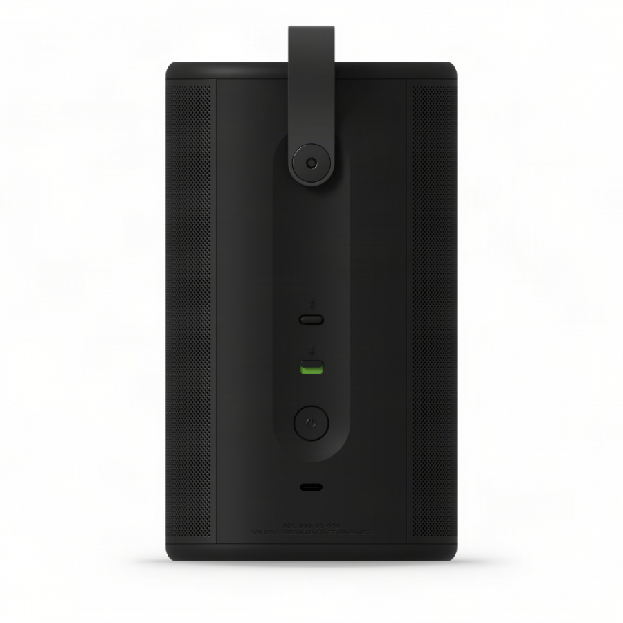 37128_6-900x900 | Kounio.gr Back view of a tall black speaker with a central mounting bracket, side vent grills, USB-C port, green LED indicator, power button, and a lower USB-C/port area.