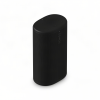 Black Sonos portable speaker with a perforated grille, viewed from a three-quarter angle on a white background.