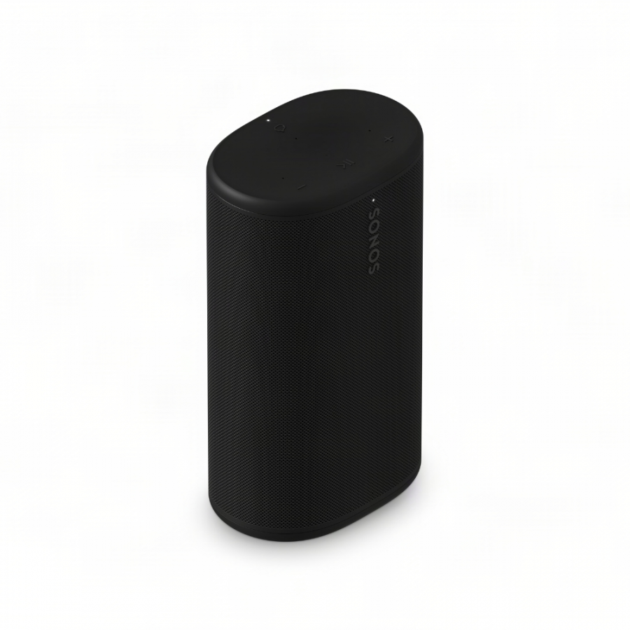 37128_8-900x900 | Kounio.gr Black Sonos portable speaker with a perforated grille, viewed from a three-quarter angle on a white background.