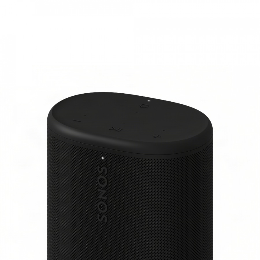 37128_9-900x900 | Kounio.gr Black Sonos portable speaker with a perforated grille and top touch controls visible (play/pause, volume) on a matte black surface, side logo showing
