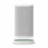 Sonos smart wireless speaker with perforated white grille and cylindrical shape, shown with its circular base plate separated below.