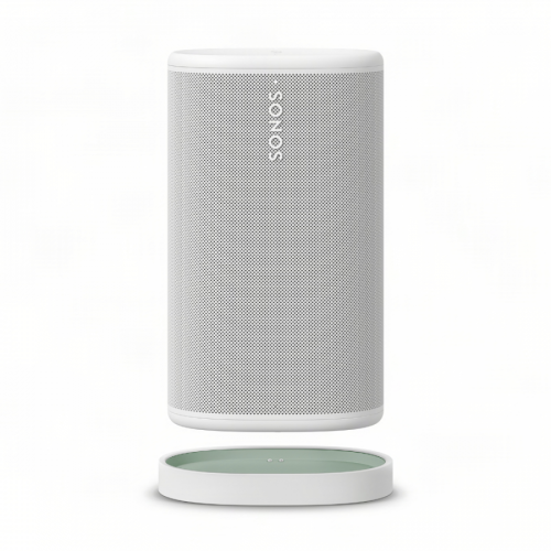 Sonos smart wireless speaker with perforated white grille and cylindrical shape, shown with its circular base plate separated below.