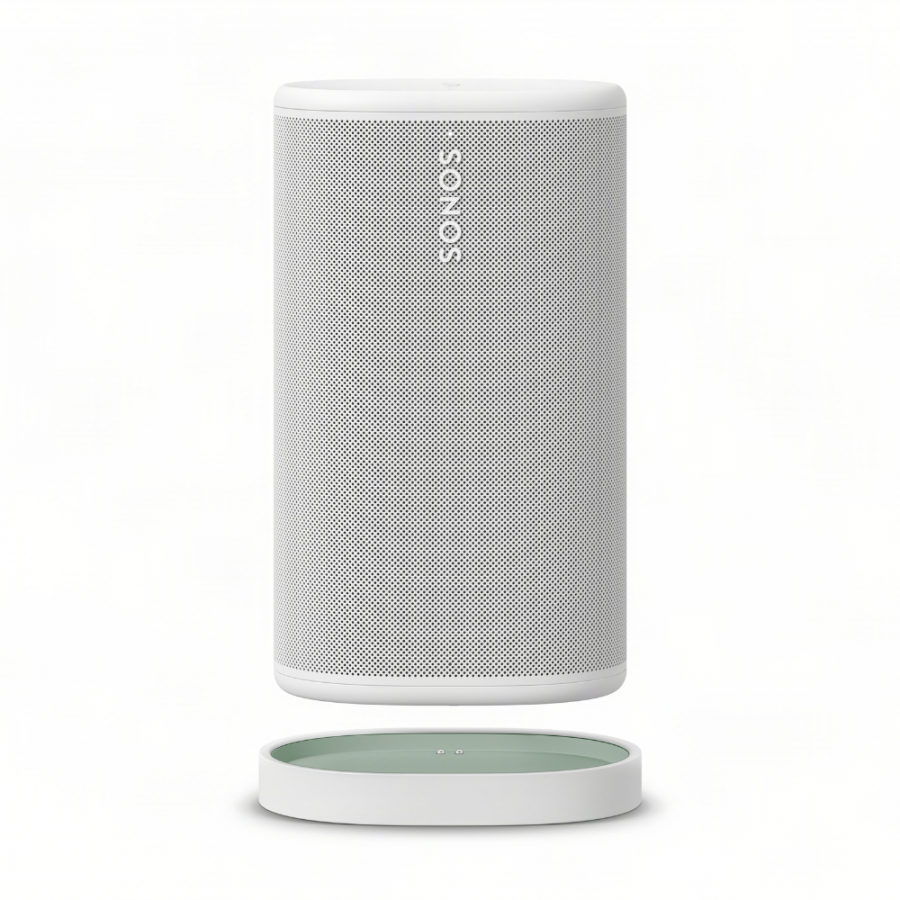37129_1-900x900 | Kounio.gr Sonos smart wireless speaker with perforated white grille and cylindrical shape, shown with its circular base plate separated below.