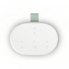 White oval wireless speaker/controller with minus, play/pause, and plus buttons and a mint-green clip at the top.