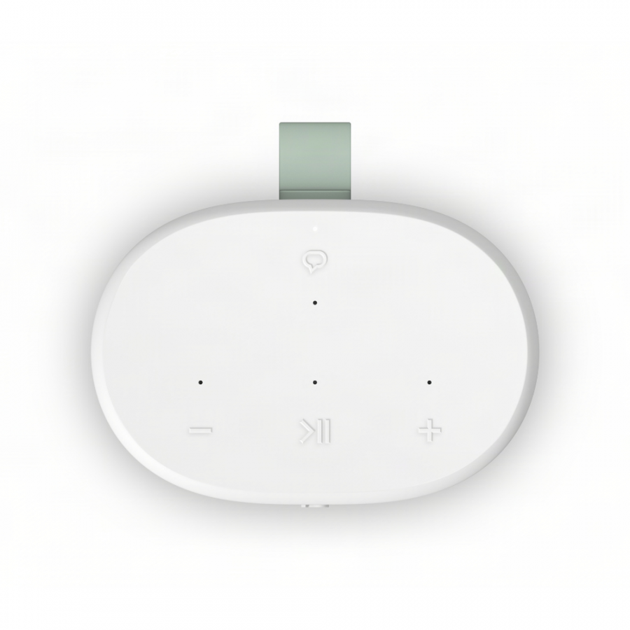 37129_11-900x900 | Kounio.gr White oval wireless speaker/controller with minus, play/pause, and plus buttons and a mint-green clip at the top.