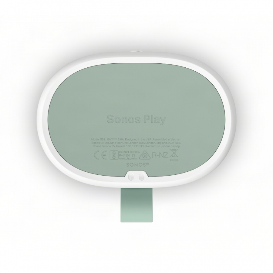 37129_12-900x900 | Kounio.gr Back view of a white oval Sonos Play speaker with a mint strap hanging below. Includes subtle model text on the back panel.