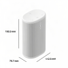 White cylindrical portable speaker with top control panel; height 193.3 mm, base 76.7 mm by 112.5 mm (dimensions shown).