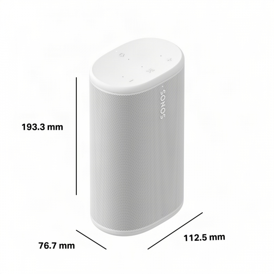 37129_14-900x900 | Kounio.gr White cylindrical portable speaker with top control panel; height 193.3 mm, base 76.7 mm by 112.5 mm (dimensions shown).