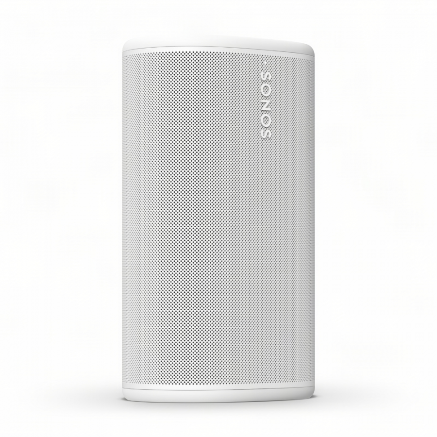 37129_2-900x900 | Kounio.gr White cylindrical Sonos wireless speaker with a perforated grille on a white background.