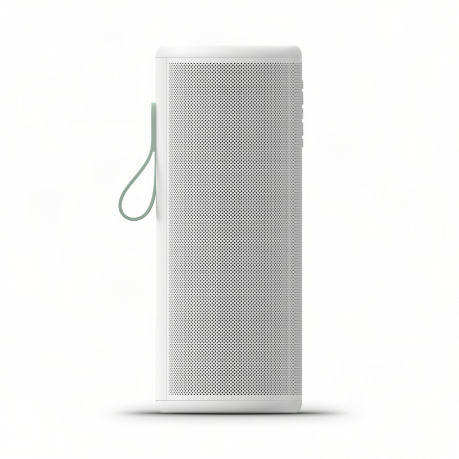 37129_3-900x900 | Kounio.gr White portable speaker standing upright with a perforated front grille and a green wrist strap on the left.