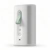 White cylindrical smart speaker with a perforated side grille and a mint-green lever on the front panel, featuring a power button and USB-C port.