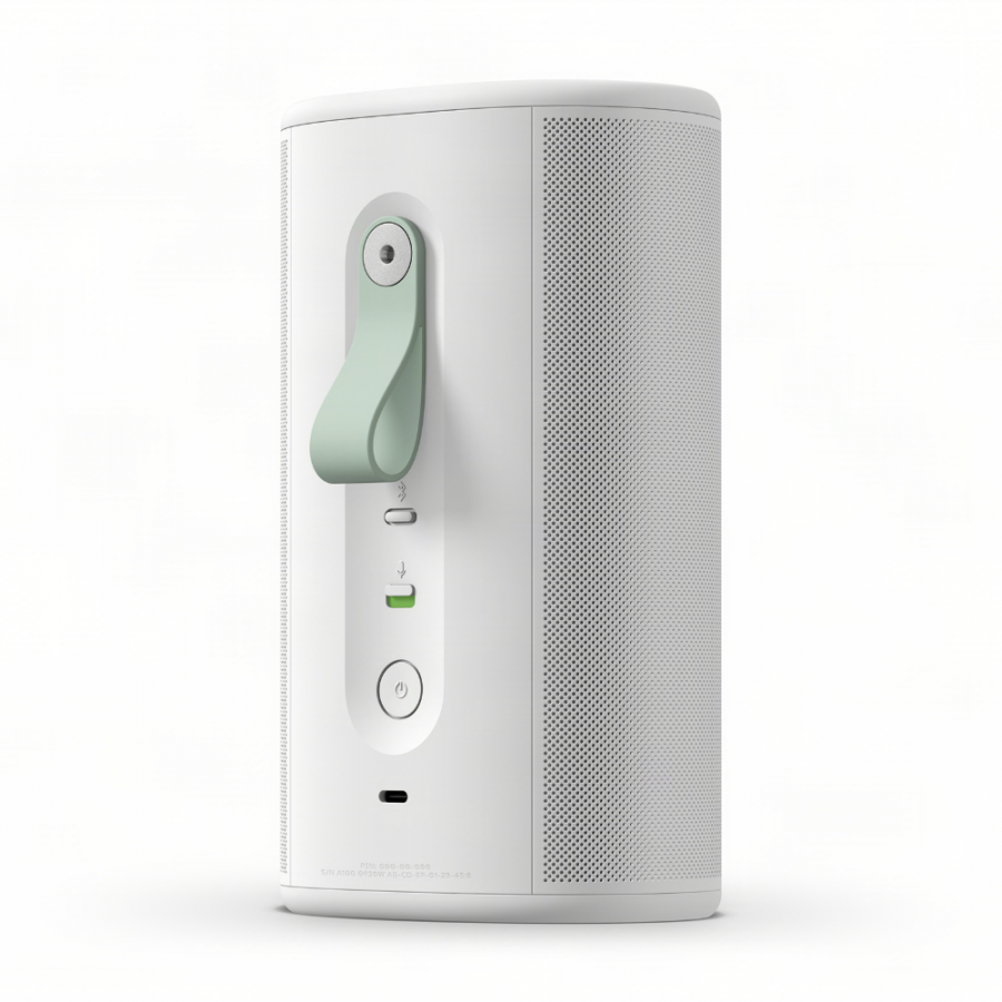 37129_4-900x900 | Kounio.gr White cylindrical smart speaker with a perforated side grille and a mint-green lever on the front panel, featuring a power button and USB-C port.