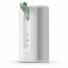 White cylindrical desktop computer with perforated side panel and a mint-green handle on top, front ports visible.
